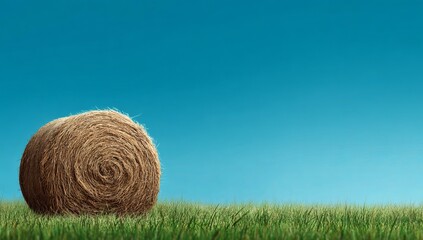 A round bale of hay sitting on top of lush green grass with a blue sky in the background.