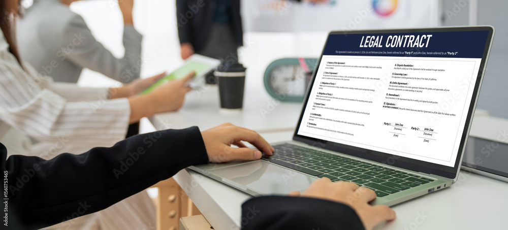 Poster digital legal contract provide terms and conditions document on computer screen ready for online dig