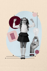 Vertical pop poster banner collage of happy schoolgirl stand hand hold light bulb prompt generation...