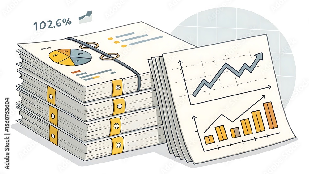 Poster financial report documents stack showing growth, pie charts, bar graphs, and data analysis for busin