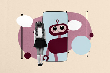 Trendy art creative full pop photo collage of anonym schoolgirl stand back look robot peek phone ai app bubble communication prompt