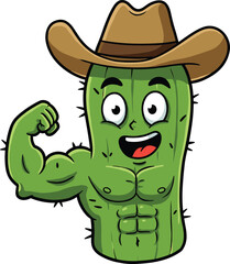  Strong Muscular Green Cactus Character with Cowboy Hat Flexing Arm - Desert Strength, Resilience, Toughness Symbol, Wild West Fitness Mascot,
