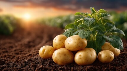 Freshly harvested potatoes on rich brown soil background