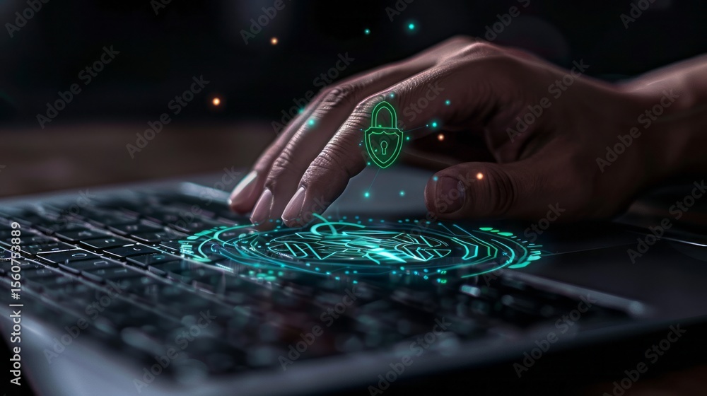 Poster cybersecurity digital fingerprint authentication system secure laptop technology data protection onl