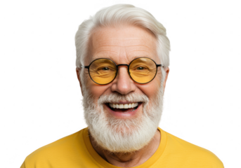 Happy senior man with white hair and beard wearing yellow glasses isolated on transparent background