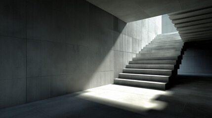 Obraz premium Minimalist concrete staircase with geometric sunlight shadows, modern architectural detail, ideal for design, interior, and texture backgrounds