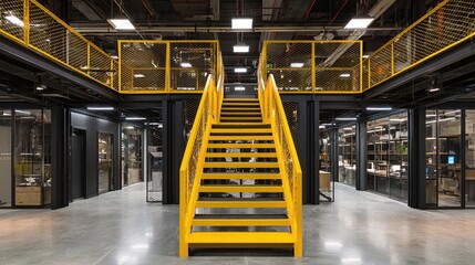 Interior View of a Modern Office Space with Yellow Stairs and Mezzanine