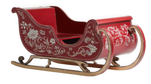 A red wooden sleigh with white floral designs isolated on transparent background, perfect for christmas decorations