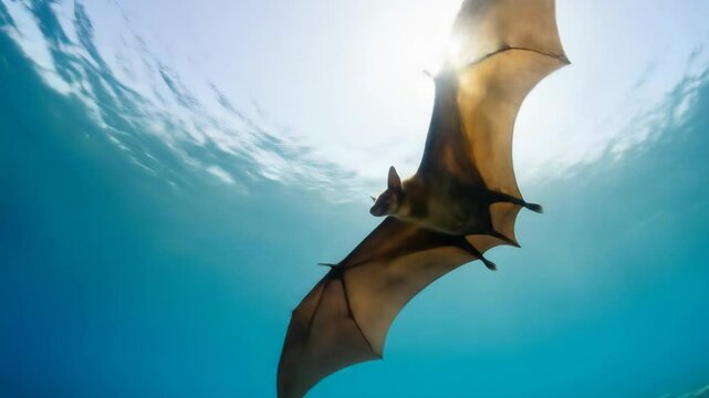 Flying Fox Bat Underwater - A large flying fox bat glides gracefully through the clear, turquoise water above a vibrant coral reef.