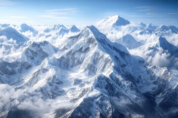 Majestic snow-capped mountain peaks, shrouded in clouds, viewed from above.  Vast expanse of icy peaks, stretching into a clear blue sky