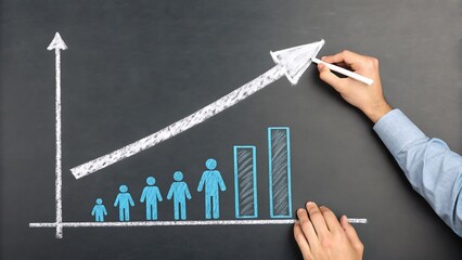 Growing Success: Person Drawing Progress Chart and Figures on Blackboard Representing Improvement and Positive Development.