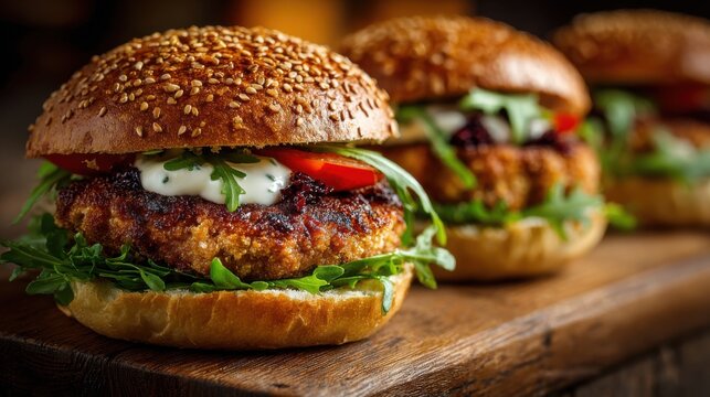 Three gourmet burgers on a wooden board showcase sesame seed buns filled with crispy patties, fresh lettuce, tomato slices, and creamy sauce, making for an appetizing display.