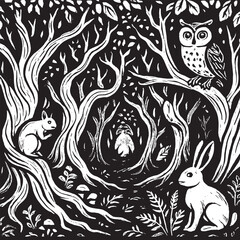Fototapeta premium Black And White Enchanted Forest Illustration Owl Squirrel Rabbit Trees Leaves vector