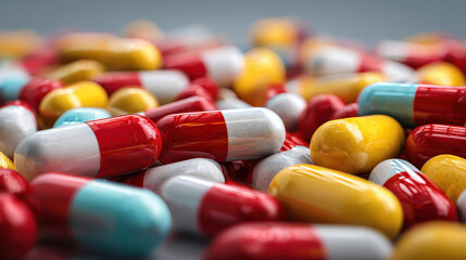 Closeup of colourful pills and medicine capsules ideal for pharmaceutical ads healthcare themes medical blogs and drug safety campaigns