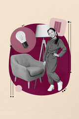 Trendy 3d poster pop image photo collage of happy teenage girl stand indoor classroom armchair lamp...