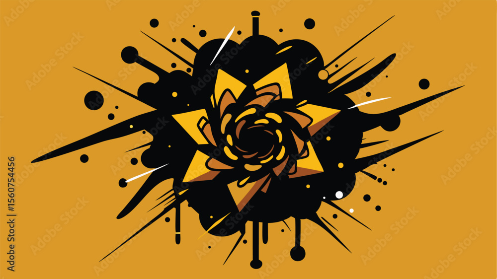 Poster abstract geometric design with radial starburst and splatter elements in vivid colors