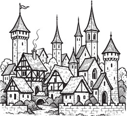 Fototapeta premium Black And White Medieval Town Skyline Illustration Tall Towers Stone Buildings Flag vector 1