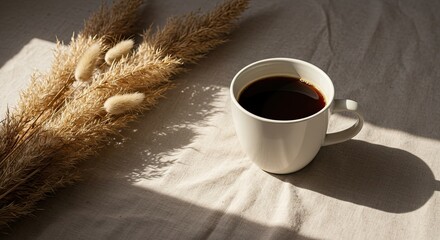 Serene morning coffee scene with a ceramic cup on beige linen fabric, soft window light casting gentle shadows. Minimalist hygge and slow living concept with copy space for text.