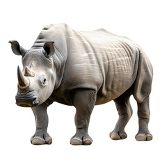 Fototapeta premium A majestic white rhinoceros with a prominent horn stands facing forward showcasing its textured skin and powerful build isolated on transparent background