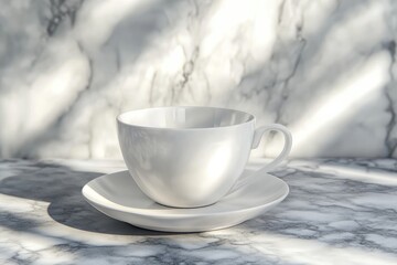 Empty white coffee cup and saucer on a marble surface, sunlit
