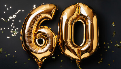 golden number sixty balloons against black backdrop celebrating 60th anniversary