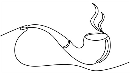 Continuous one line drawing of tobacco pipe. One continuous line drawing smoking pipe with smoke. Vintage tobacco pipe isolated on white background. Simple smoking pipe outline design.