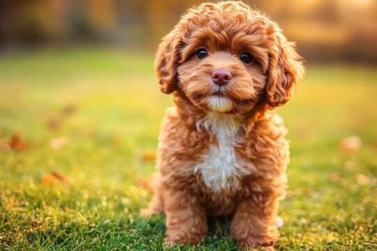 Adorable Cavoodle Puppy Portrait, Playful Canine with Charming Expression on Lush Green Grass