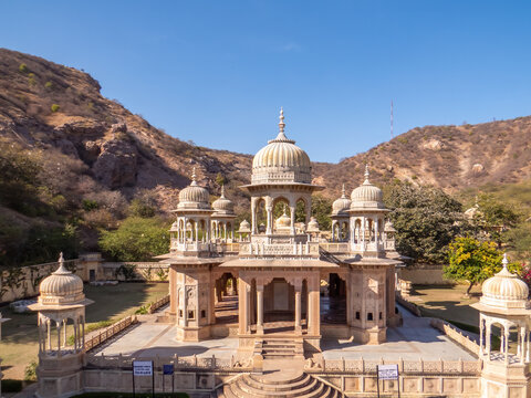Gaitore Ki Chhatriyan, this site features traditional funeral monuments honouring royal men of the past, Maharaja Jai Singh II. Jaipur, Rajasthan state, India.