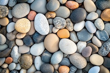 Close-up view of a colorful, varied collection of smooth beach stones