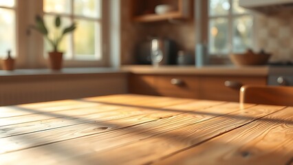 A wooden kitchen table bathed in warm morning sunlight, creating a serene and inviting atmosphere.