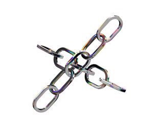A high-resolution PNG image of iridescent, metallic interlocked chain links floating in space with a transparent background. 