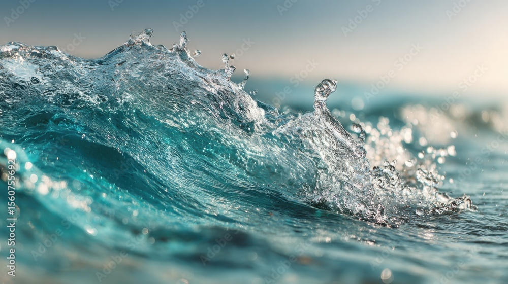 Poster gentle waves crash and create vibrant splashes against the surface while the sun sets in the backgro