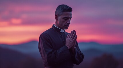 A man of the cloth prays. The beautiful sunrise or sunset behind him provides a serene backdrop, enhancing the moment of peace and reflection.