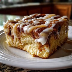 Cinnamon roll cake slice with icing on white plate