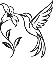 Stylized Black Hummingbird Floral Design Line Art Illustration Bird Flower Nature Graphic lily