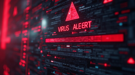 A virus alert warning displayed on a digital screen with red danger symbols and glitch effects, in a futuristic environment
