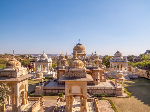 Gaitore Ki Chhatriyan, this site features traditional funeral monuments honouring royal men of the past, Maharaja Jai Singh II. Jaipur, Rajasthan state, India.