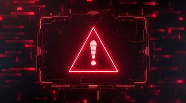 A virus alert warning displayed on a digital screen with red danger symbols and glitch effects, in a futuristic environment - Powered by Adobe