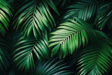 Lush tropical palm leaves. Close-up view of vibrant green palm fronds overlapping in a dense cluster
