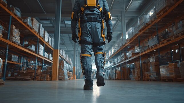 Worker walking through warehouse with a robotic exoskeleton, enhancing strength and safety, increasing efficiency, and reducing fatigue.