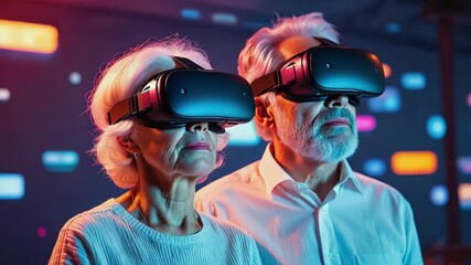 Elderly couple experiences virtual reality at technology expo in 2023 - Powered by Adobe