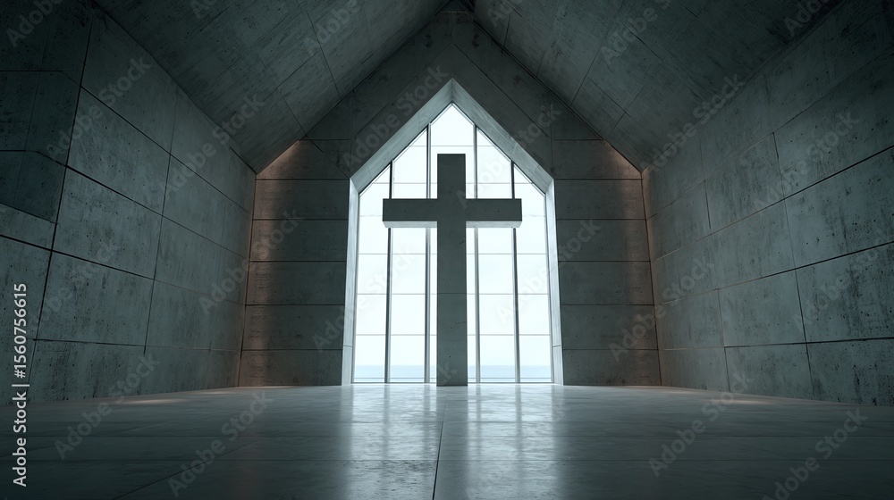 Poster modern minimalist architectural design of a chapel interior with a cross visible through a window in