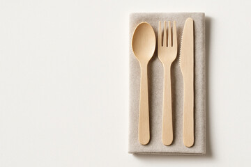 Wooden Cutlery Set and Napkin Mockup on White Background