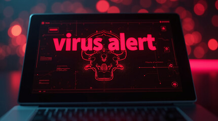 Obraz premium A virus alert warning displayed on a digital screen with red danger symbols and glitch effects, in a futuristic environment