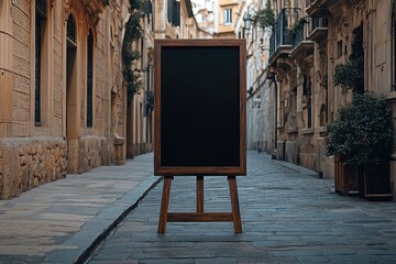 Empty wooden chalkboard easel on cobblestone street