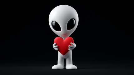 Cute alien holds a red heart in a charming pose against a dark background