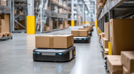 Automated warehouse robots efficiently moving packaged goods, optimizing operations, and enhancing speed of delivery. Boxes on a modern system.
