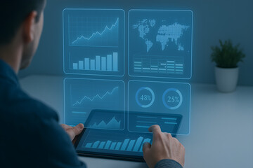 Man analyzing digital financial data and global trends