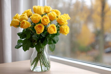 Bouquet of fresh yellow roses in a clear glass vase on a wooden table near window light