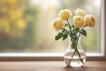 Bouquet of fresh yellow roses in a clear glass vase on a wooden table near window light